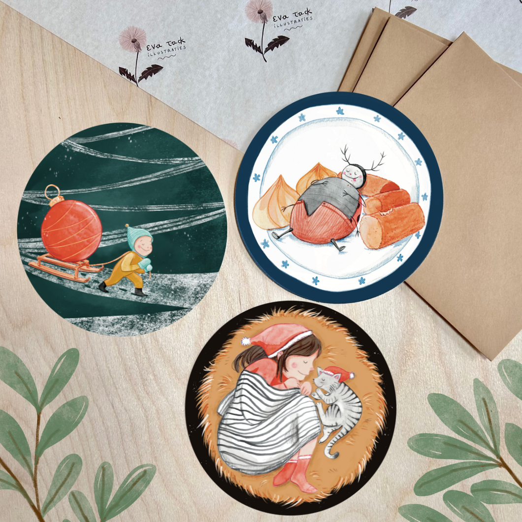 Pakketje van 3 nieuwe ronde winterkaartjes