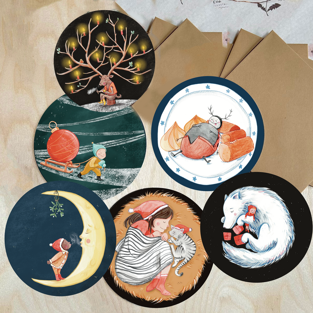 Pakketje van 6 ronde winterkaartjes
